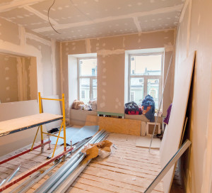 Material for repairs in an apartment is under construction, remodeling, rebuilding and renovation. Making walls from gypsum plasterboard or drywall.